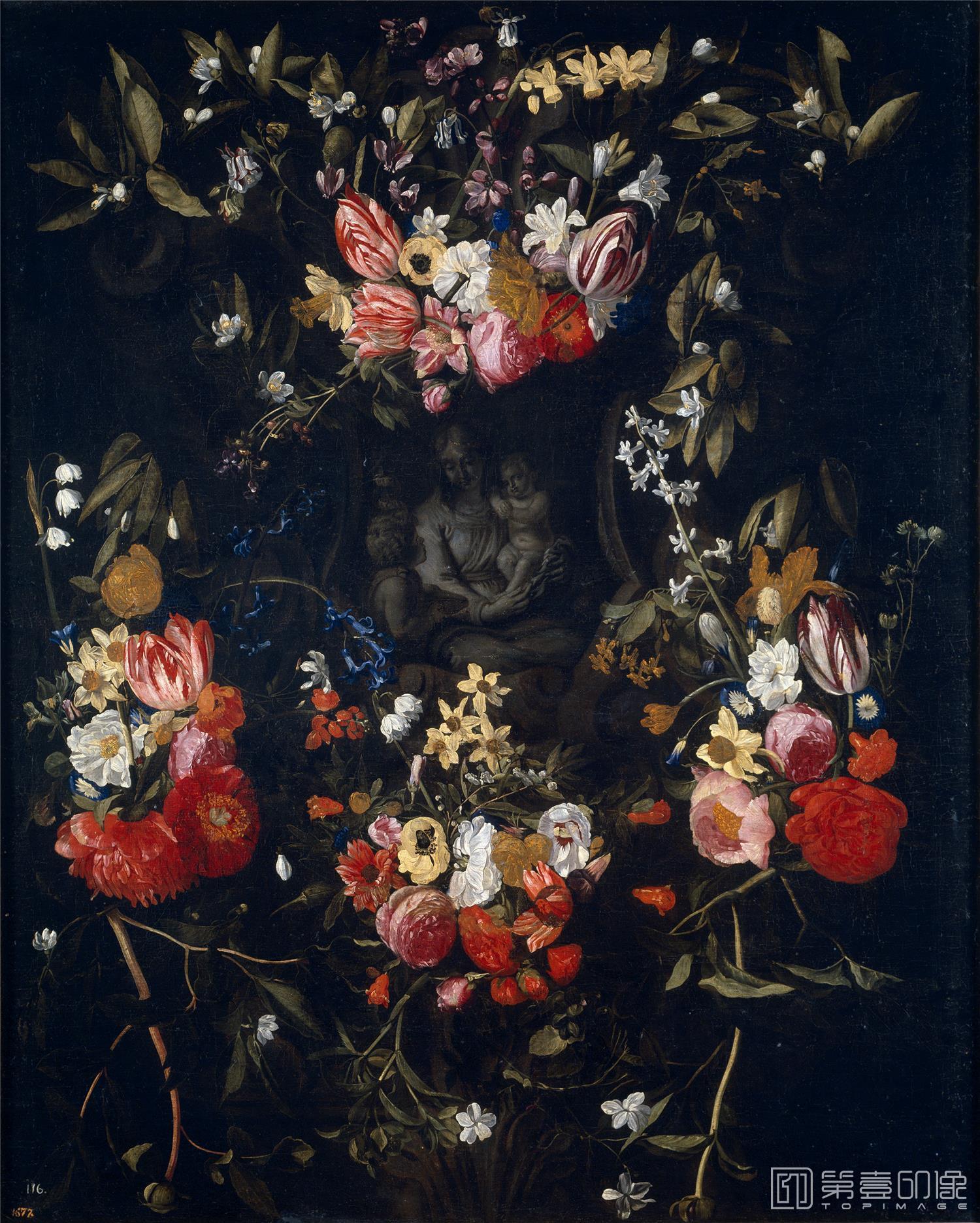 油画-西班牙普拉多美术馆油画藏画-Quellinus, Jan Erasmus; Seghers, Daniel-Guirnalda de flores con la Virgen-2187